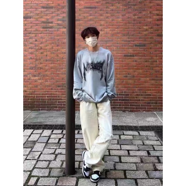 Áo nỉ bông Áo sweater xám hoạ tiết thêu phong cách hàn quốc