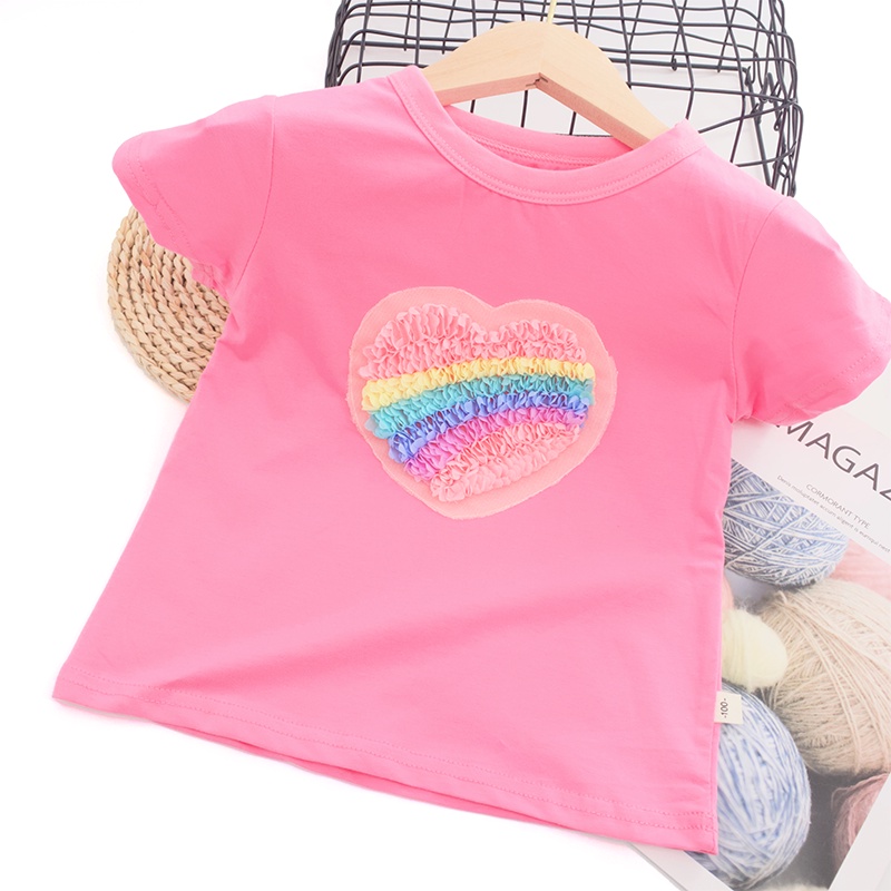 Girls t-shirt 2023 mới đầy màu sắc tình yêu cầu vồng thêu trẻ em áo sơ mi ngắn 100% cotton