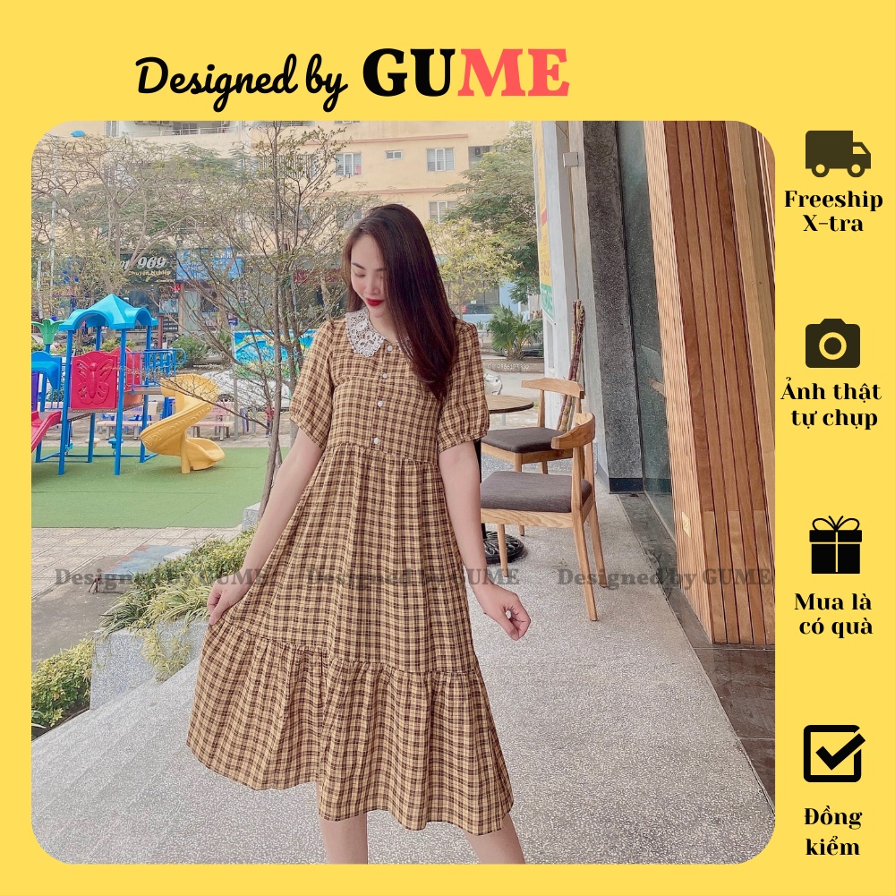 ¤❧▦Đầm Bầu Công Sở - Váy GUME kẻ vàng đuổi cá 3 tầng cổ ren dáng A size từ 40-100kg MB 231- ảnh thật