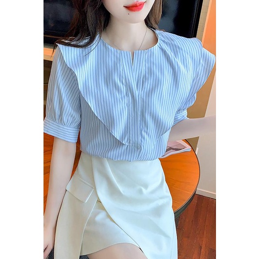 Áo Sơ Mi Tay Ngắn Phồng Họa Tiết Kẻ Sọc Thời Trang Dành Cho Nữ