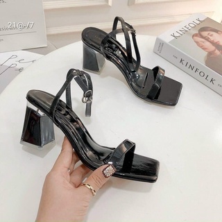 Giày sandal cao gót quai mảnh da bóng gót vuông sơn trong 5cm