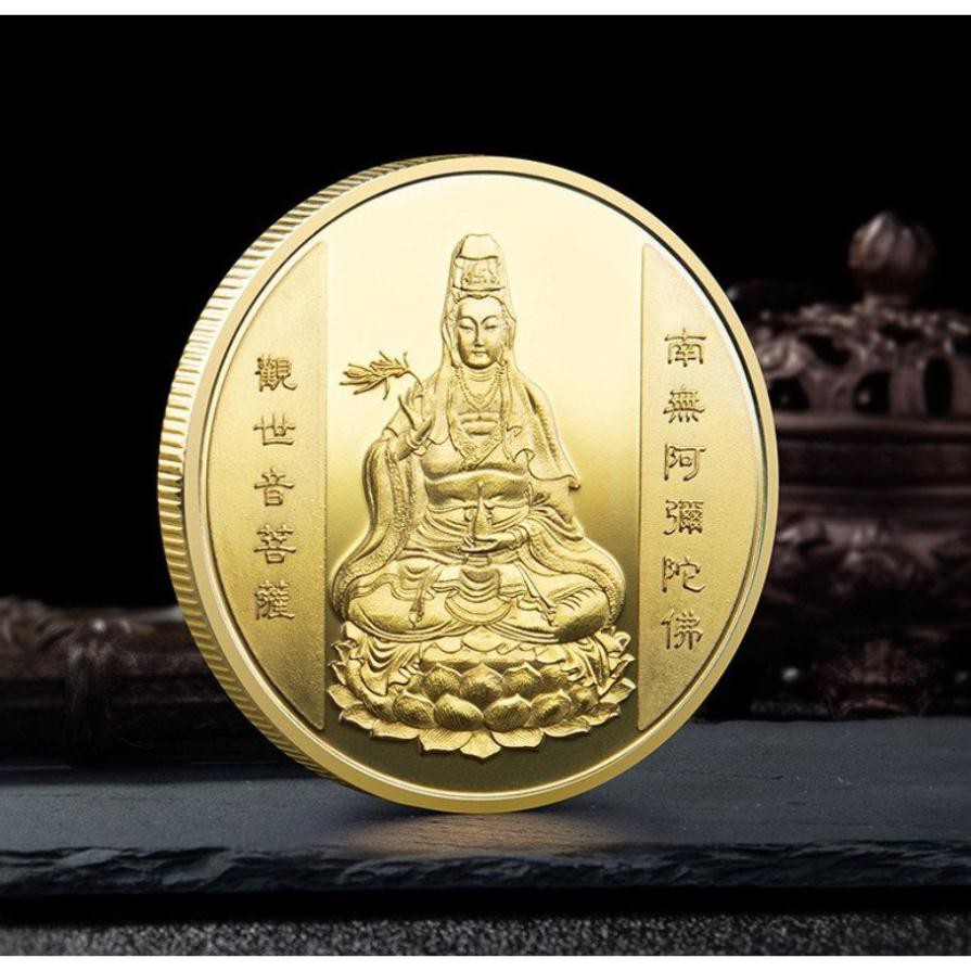 Đồng Xu Hình Phật Quan Âm Kèm Túi Gấm May Mắn Quà Tặng 2021