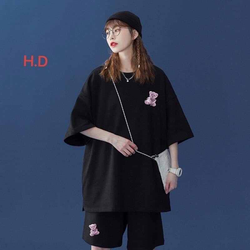 Đồ bộ hoạt hình form rộng Unisex Gấu Tím+QUẦN Short♥️ Freesize dành cho nam nữSét trang phục thể thao Unisex, Hàn Quốc