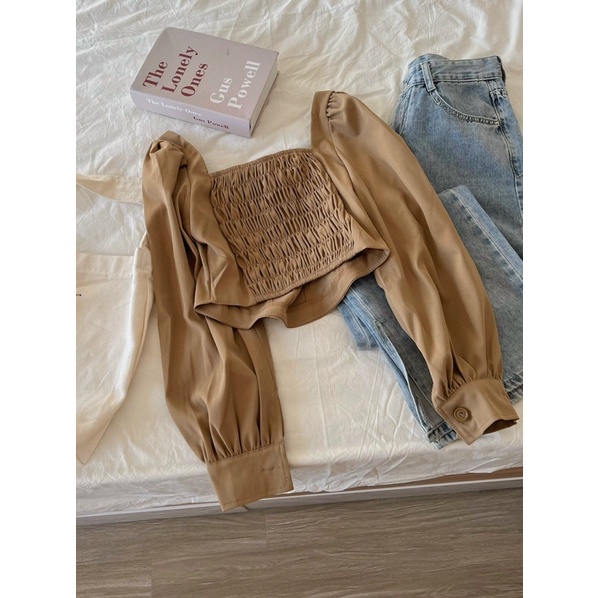Áo cổ vuông croptop tay dài vintage (Ảnh thật)