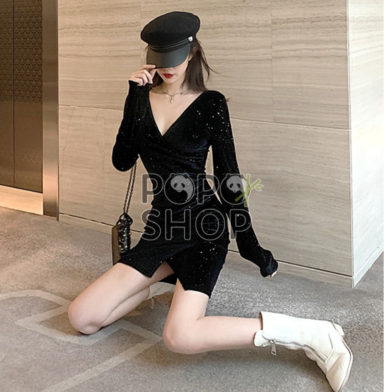 Váy Body dài tay đen kim tuyến tôn dáng sáng da quyến rũ