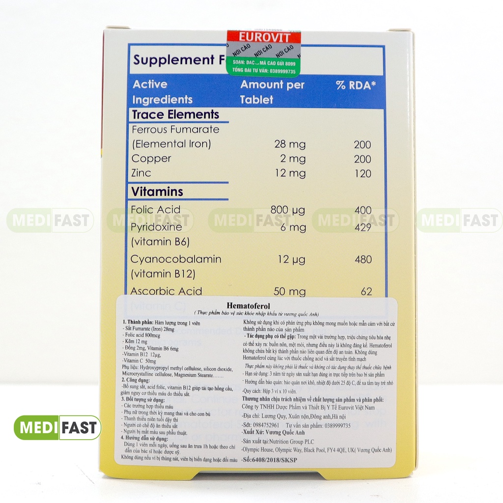 Bổ sung sắt hữu cơ Hematoferol, Vitamin B, acid folic cho cả mẹ và bé, giúp tái tạo hồng cầu Nhập khẩu Châu Âu - Hộp 30v