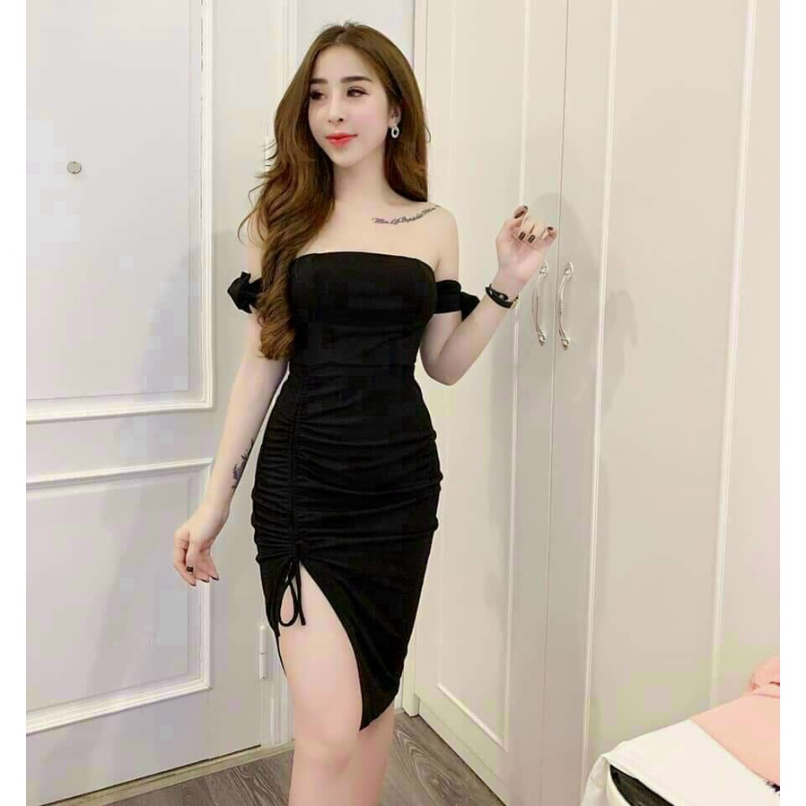Đầm body trễ vai xẻ tà nơ tay có mút ngực