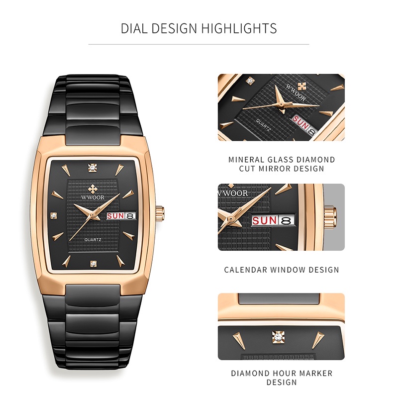 Wwoor Đồng Hồ Quartz Mặt Vuông Chống Thấm Nước Sang Trọng Thời Trang Công Sở Cho Nam Montre Femme-8837