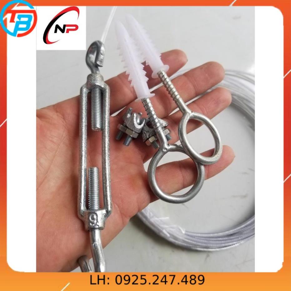 combo 10 Mét Cáp Bọc nhựa 3mm kèm 1 tăng đơ,2 ốc siết cáp,2 khoen +tắc kê gắn tường.Làm dây phơi quần áo chống gỉ sét..