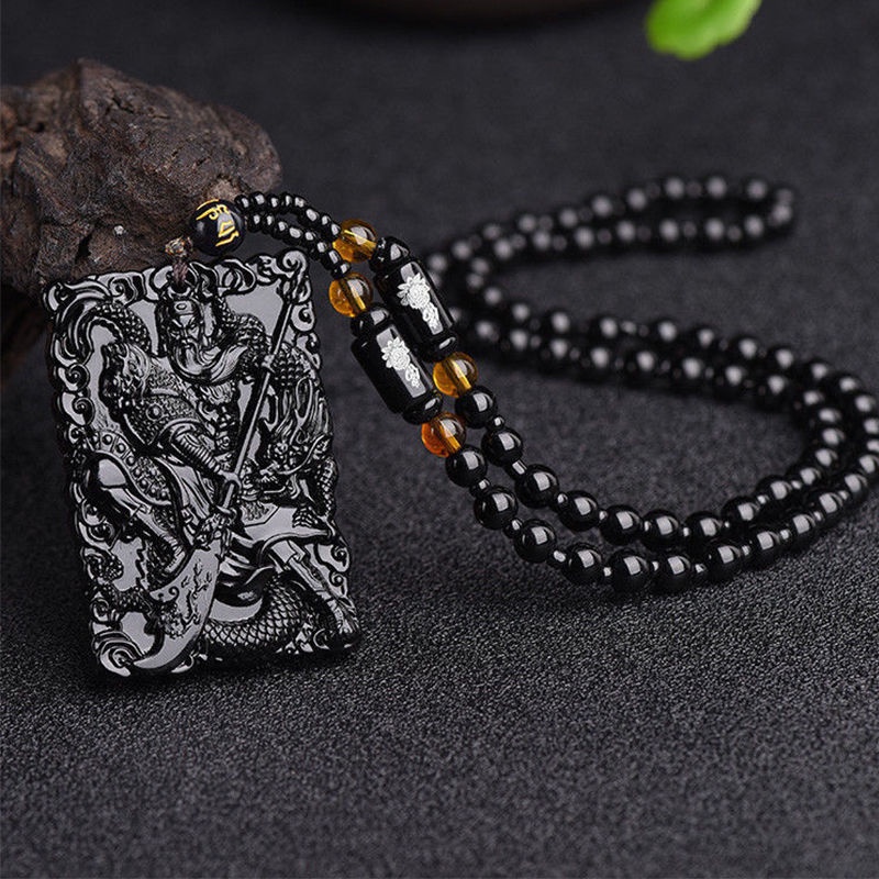 Dây Chuyền Đá Obsidian Nhân Tạo Mặt Quan Công Hai Mặt Phong Cách Thần Giá Wucai Cho Nam Và Nữ