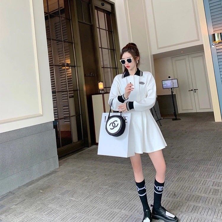 Đầm tay dài cổ POLO màu trơn thời trang mùa thu mới 2021 cho nữ