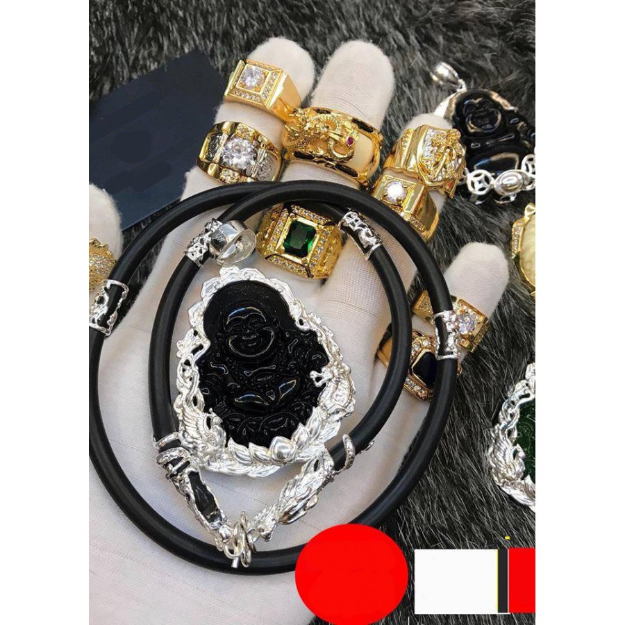 Dây chuyền, vòng cổ nam dây cao su nạm rồng bạc kèm mặt phật màu đỏ bọc bạc đẳng cấp chất chơi