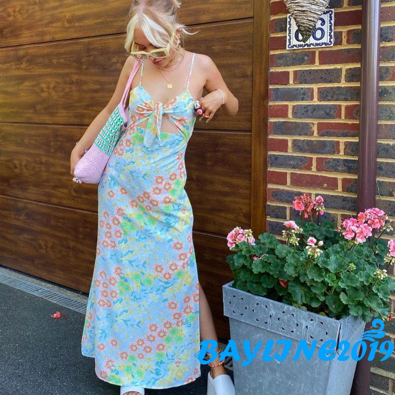 BAY Đầm không tay cổ chữ V xẻ sâu in họa tiết hoa màu xanh dương gợi cảm cho nữ S/ M/ L/ XL