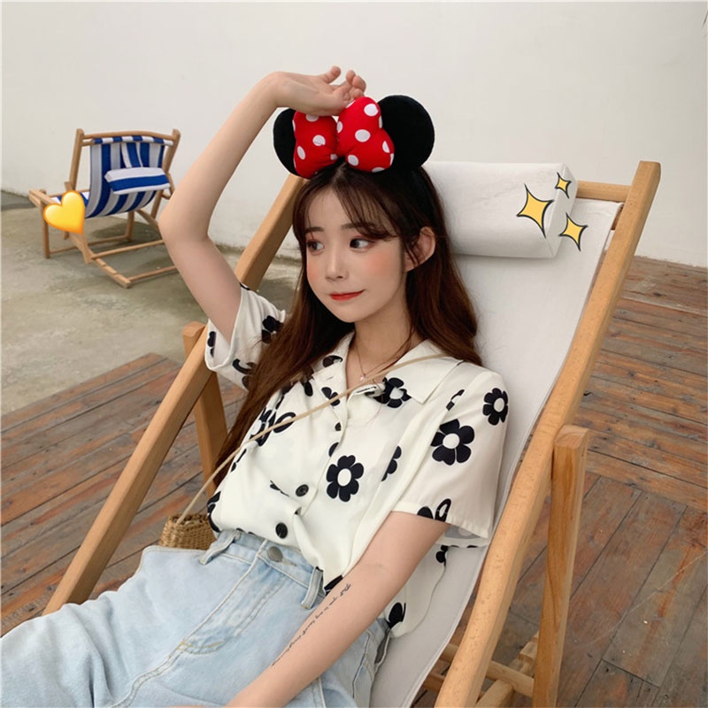 Áo sơ mi Xin LAN YA SHE tay ngắn dáng rộng in họa tiết hoa cúc phong cách Hàn Quốc thời trang xinh xắn cho nữ