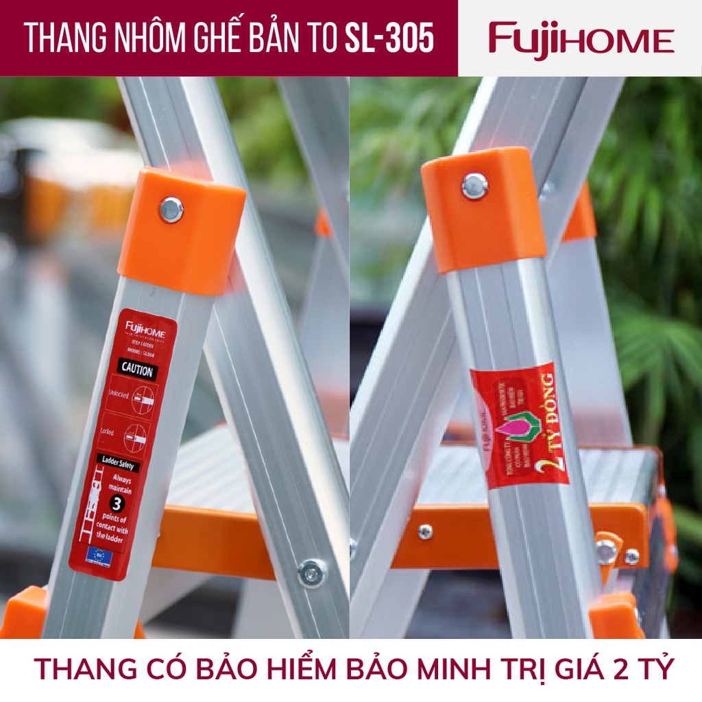 Thang ghế nhôm tay vịn chữ A bản to 4 - 5 - 6 bậc từ 1,4M - 1,9M xếp gọn FUJIHOME, Thang chữ A gia đình đa năng rút gọn