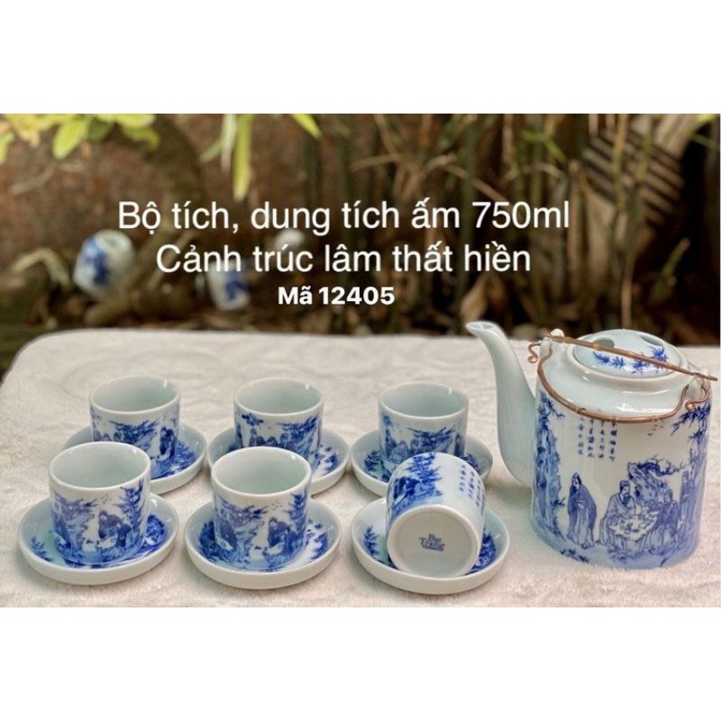 Bộ ấm chén men lam vẽ cảnh trúc lâm thất hiền.Hàng sứ Bát Tràng.