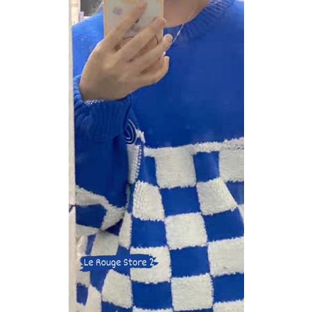 Áo len unisex kiểu Hàn phối patchwork họa tiết caro bàn cờ hot trendy chữ thêu Correcy có size