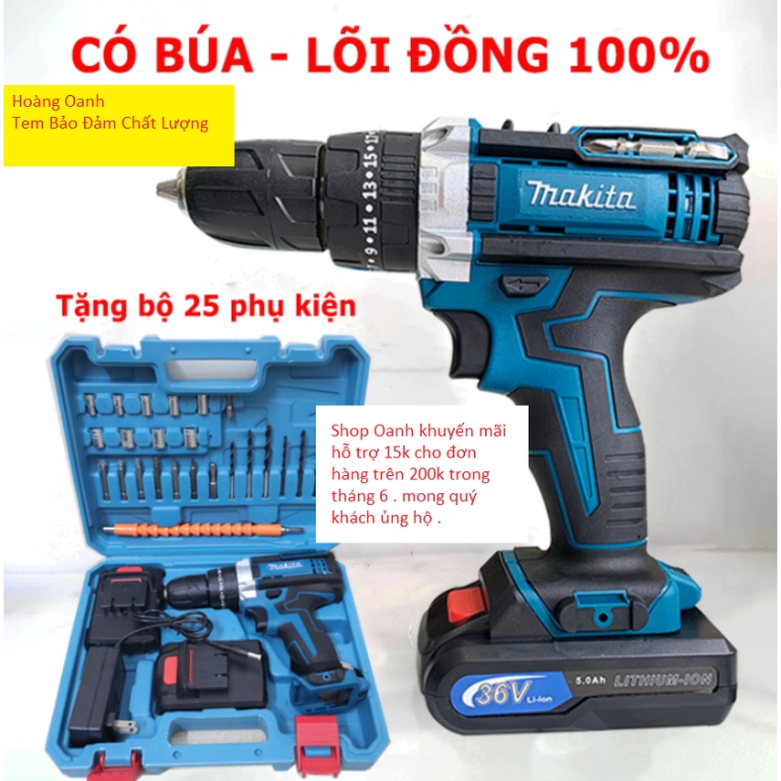 Máy khoan pin 36V Makita 3 chức năng có búa - Tặng kèm 24 chi tiết gồm các mũi khoan