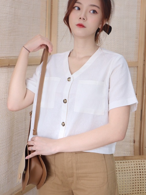 Áo sơ mi Croptop Linen Cổ tim Tay lỡ Freesize Đơn giản Vintage Thời trang Nữ