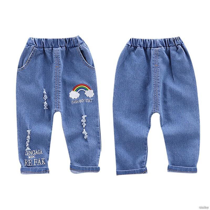 ruiaike  Boy Girl Kids Long Pants Letters Rainbow Print Denim Pants Straight Loose Jeans Trousers