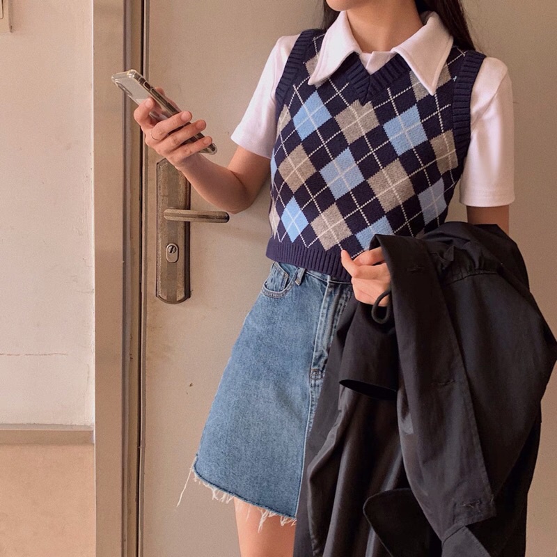 Áo Gile Len Nữ 🦋HOT TREND🦋 Áo Len Sát Nách Kẻ Ô Trám Xanh Phong Cách Vintage