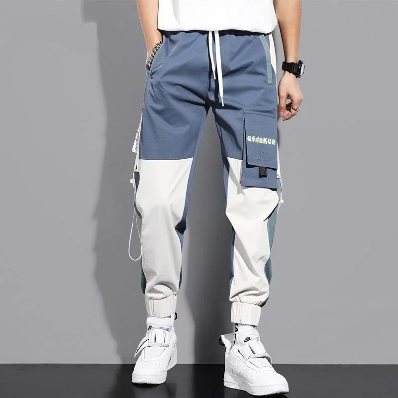 【2 Color】Plus Size Chubby Multi-pocket Cargo Pants for Men Sprots Military Jogger Pants Men's Contrast Color Splicing Elastic Waistband Korean Jogging Pants