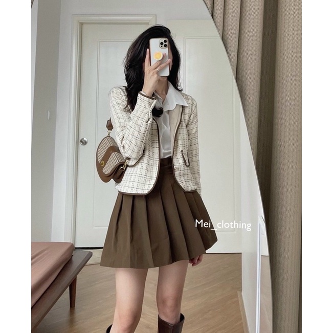 [Ảnh thật/sẵn] Set áo dạ thế kế nhẹ nhàng kèm chân váy tennis nâu tây cực xinh