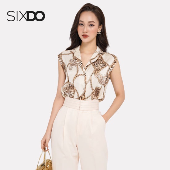 Áo sơ mi lụa sát nách họa tiết SIXDO