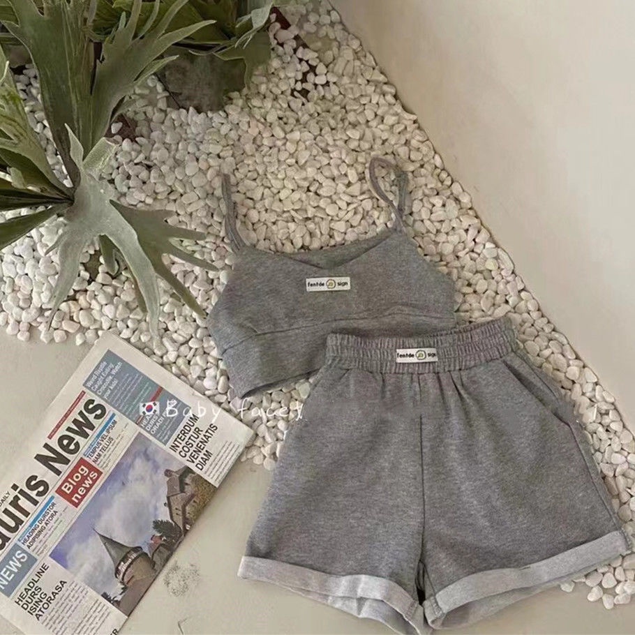 Bộ Đồ Thể Thao Hai Mảnh Áo Hai Dây Và Quần Ngắn Phong Cách Hàn Quốc Thời Trang Mùa Hè Cho Bé Gái