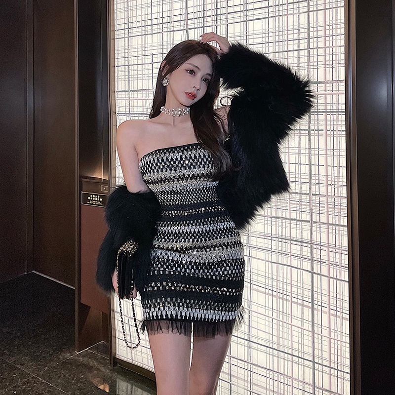 Đầm Ngắn Ôm Hông Co Giãn Đính Kim Sa Lấp Lánh Thời Trang Xuân Thu Quyến Rũ Cho Nữ