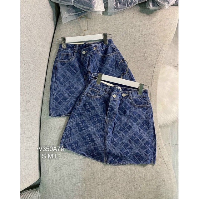 QUẦN VÁY NỮ VÁY JEANS HỌA TIẾT KẺ SỌC LƯNG CAO FORM A KÈM QUẦN TRONG