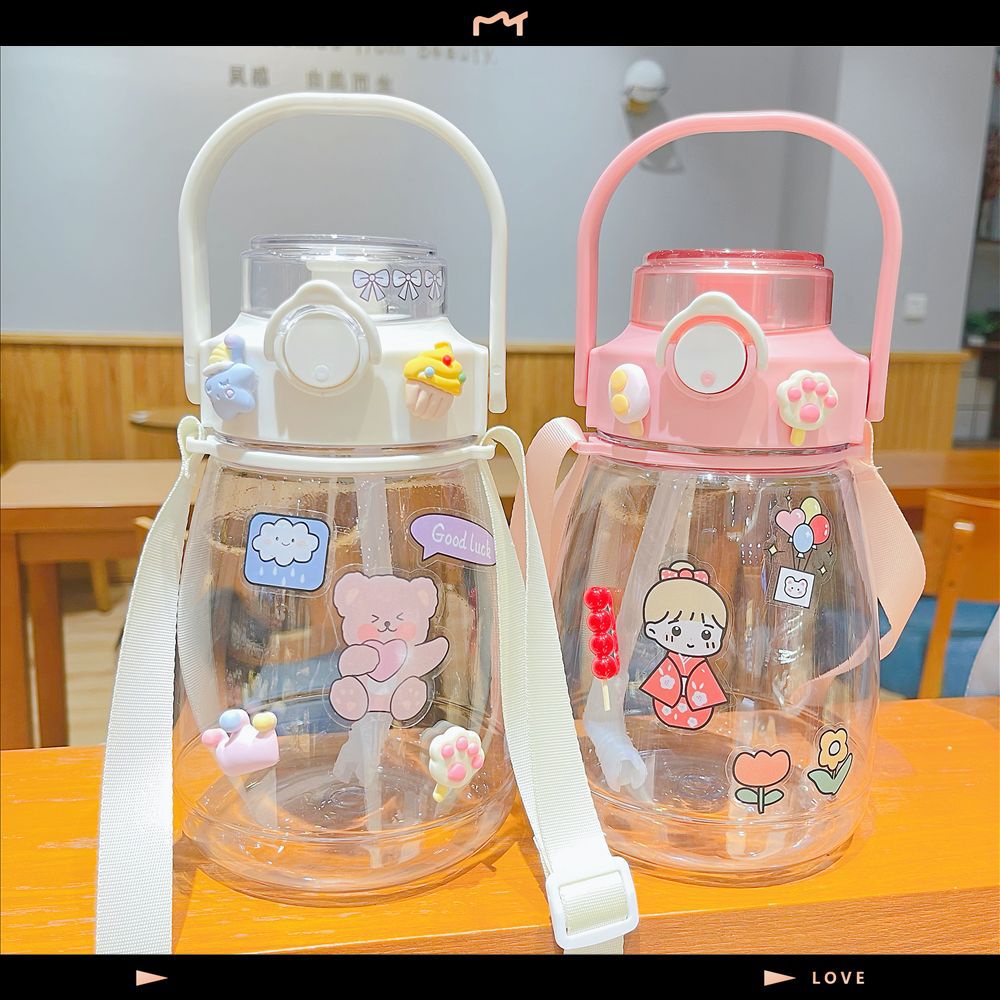 Bình Nước Nhựa Nhắc Nhở Uống Nước Dung Tích 1200ml Có Dây Đeo Và Quai Xách
