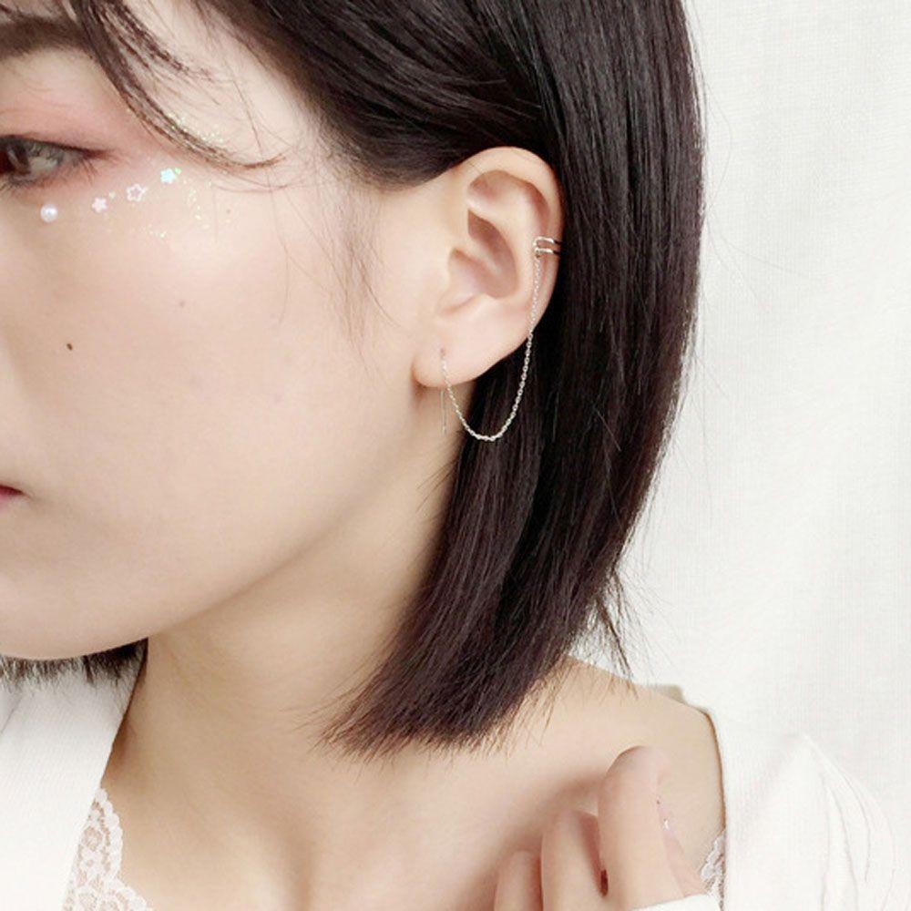 Bông Tai Dạng Kẹp Hình Tròn Phối Dây Xích Thời Trang Cho Nữ