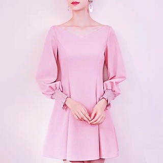Đầm hồng cổ V tay dài v2 (kèm hình thật)
