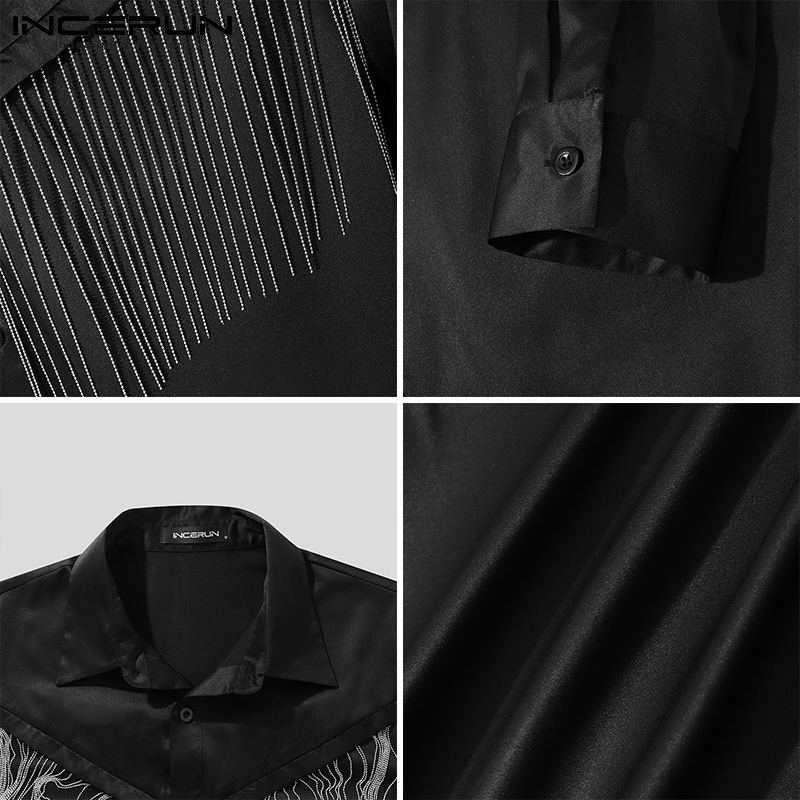 Áo sơ mi INCERUN tay dài cổ bẻ phối tua rua kim loại thời trang dành cho nam