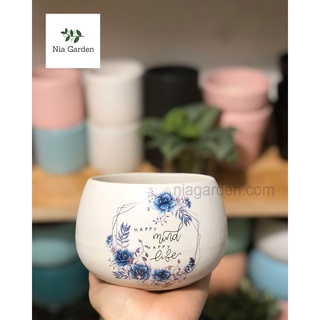 Chậu gốm sứ hạt dẻ nhỏ in hình - N2