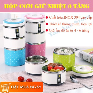 hộp đựng cơm 3 tầng inox giữ nhiệt cao cấp CHẤM BI 3T