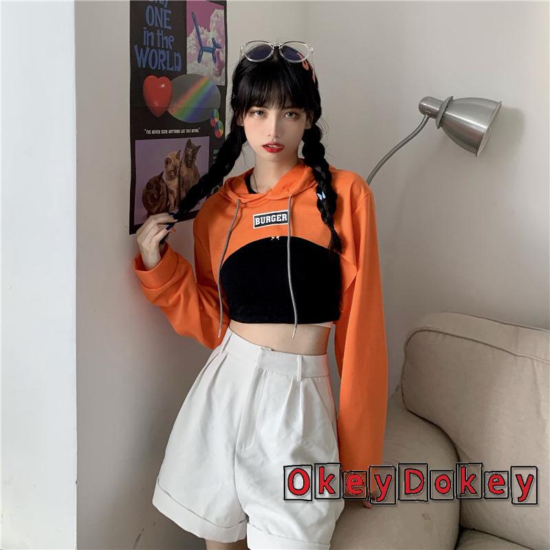 Áo Croptop Tay Dài Có Mũ Trùm Đầu Thêu Chữ Dành Cho Nữ