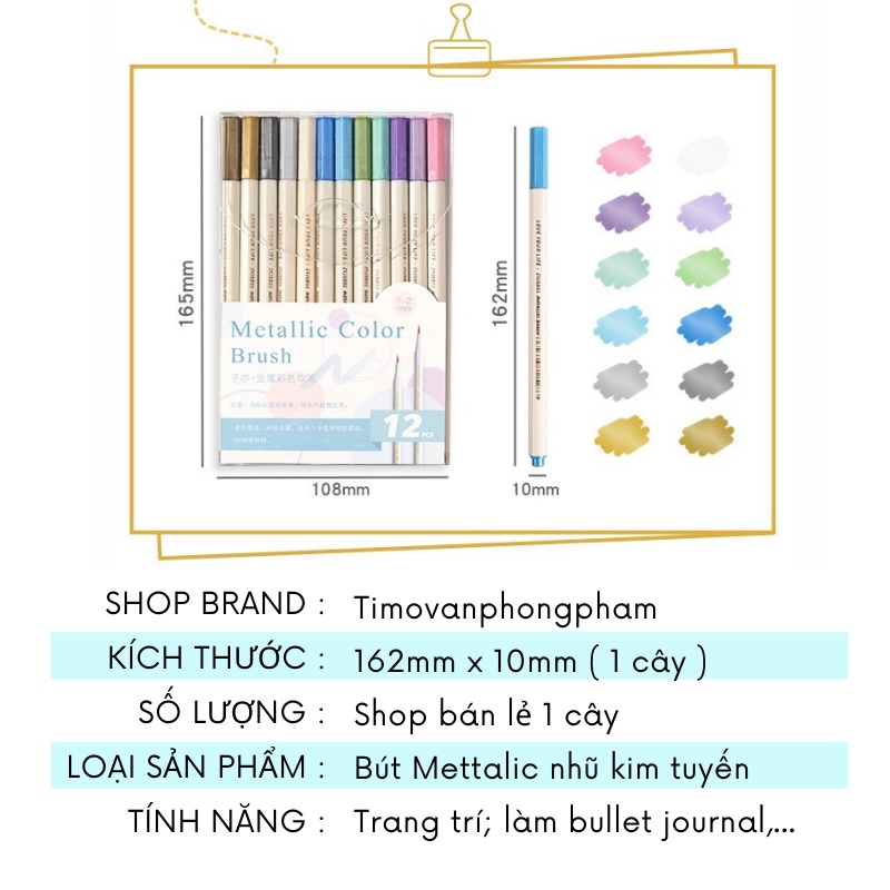 Bút Nhũ Metallic Brush Kim Tuyến Highlight Viết Tiêu Đề Trang Trí Sổ Tay Bullet Journal Timo VPHL7