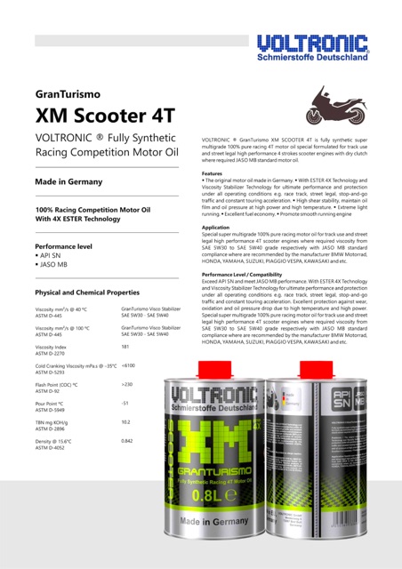 Nhớt Xe Tay Ga Voltronic XM Scooter Granturismo Racing 4T Motor Oil 800ML Nhớt Biến Thiên Cao Cấp