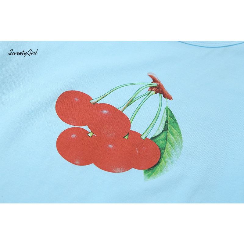 Áo Croptop Tay Ngắn Cổ Tròn In Họa Tiết Quả Cherry Thời Trang Dành Cho Nữ
