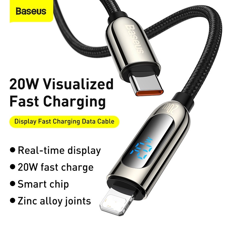 Dây sạc nhanh 20w  Baseus màn hình hiển thị dòng điện - DSP2 Cáp bọc dù dùng cho  14 13 12promax 11pro