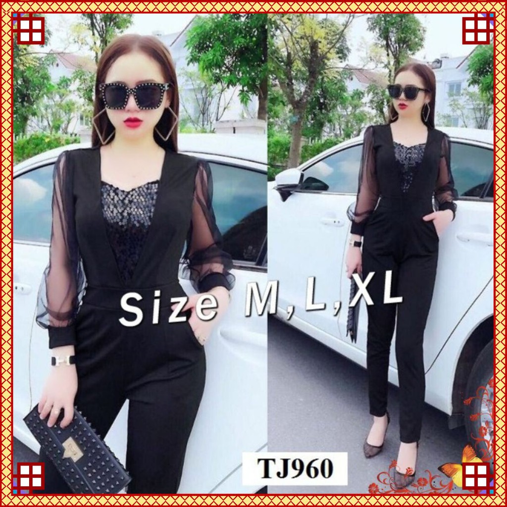 Jumpsuit Đẹp 💛FREESHIP💛 Jum dài tay phối lưới đính kim sa ngực xinh xắn Mã TJ960