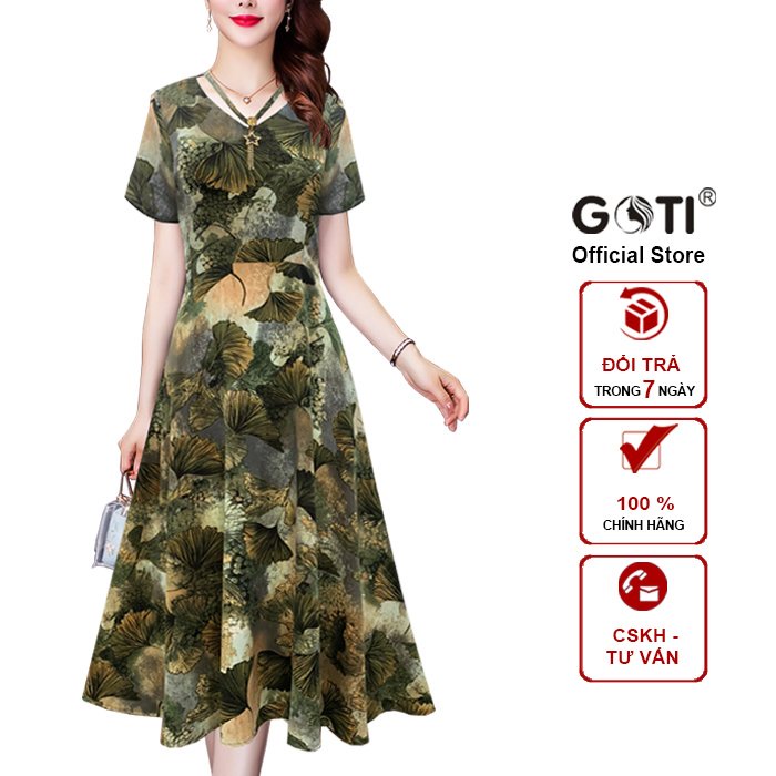 GOTI - Đầm Xòe Dáng Dài Quý Bà Kiều Đầm Xòe Trung Niên Size Lớn In Hoa Có Size Cho Người Mập 3349 3330 3340