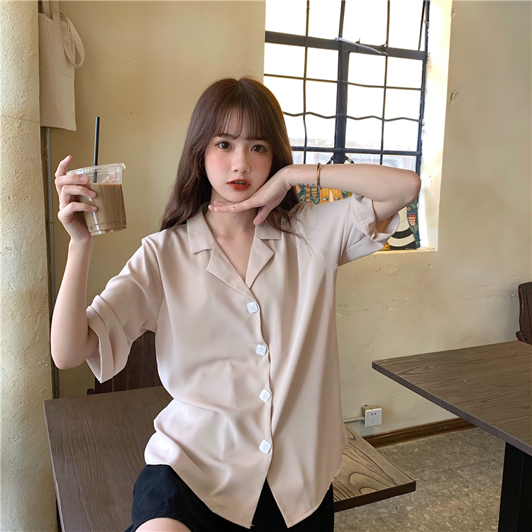 Áo sơ mi tay ngắn cổ polo phong cách retro Hàn Quốc cho nữ
