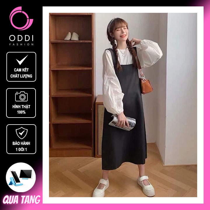 Bộ Yếm Nữ Kaki Màu Đen Kèm Áo Thun Trắng Dáng Rộng Tay Bồng Dài Cute ODDI FASHION ODF21