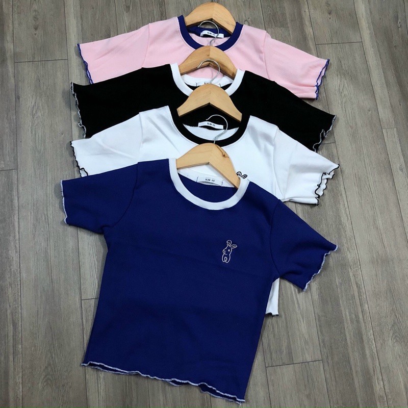 ÁO CROPTOP KIỂU CỔ TRÒN THÊU THỎ TRƯỚC NGỰC VẢI THUN GÂN [CLIP THẬT][FREESHIP] hàng loại 1, form ôm body chuẩn