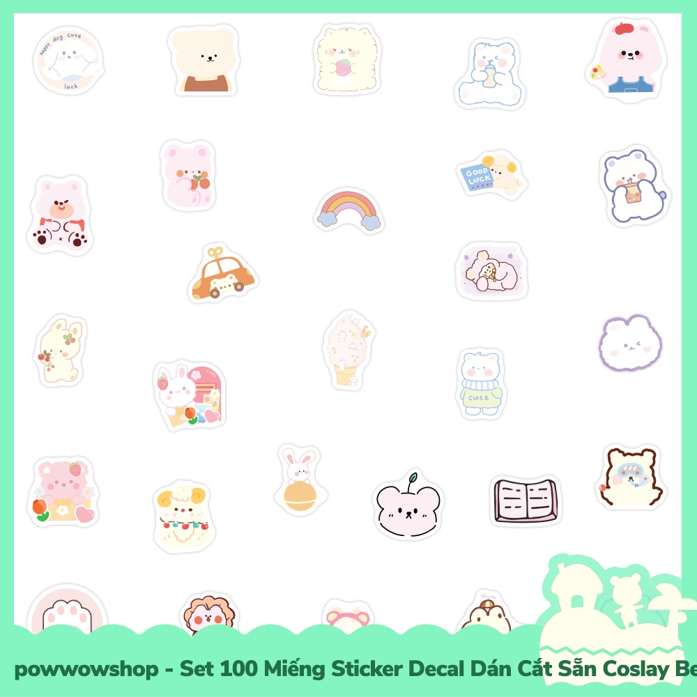 [Sẵn VN - Hỏa Tốc] Set 100 Miếng Sticker Decal Cắt Sẵn DIY Dán Trang Trí Vật Dụng Mẫu Cosplay Cute Bear Babie