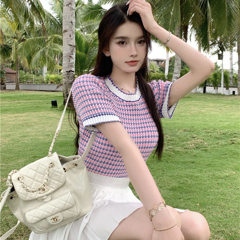 Áo Thun Dệt Kim Tay Ngắn Cổ Tròn Dáng Ôm Thời Trang Sang Trọng