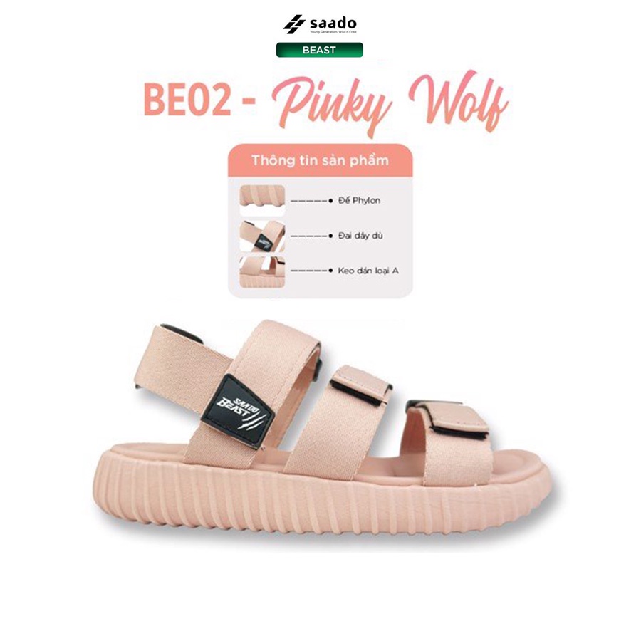 Sandal Saado chính hãng 3 quai BEAST BE02 màu kem Pinky Wolf đế yezi, Dép quai sau nữ đế cao, quai thắt